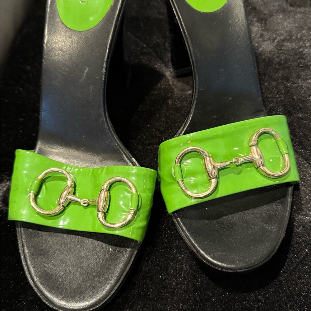 Gucci Green and Gold Mules with Horsebit Detail